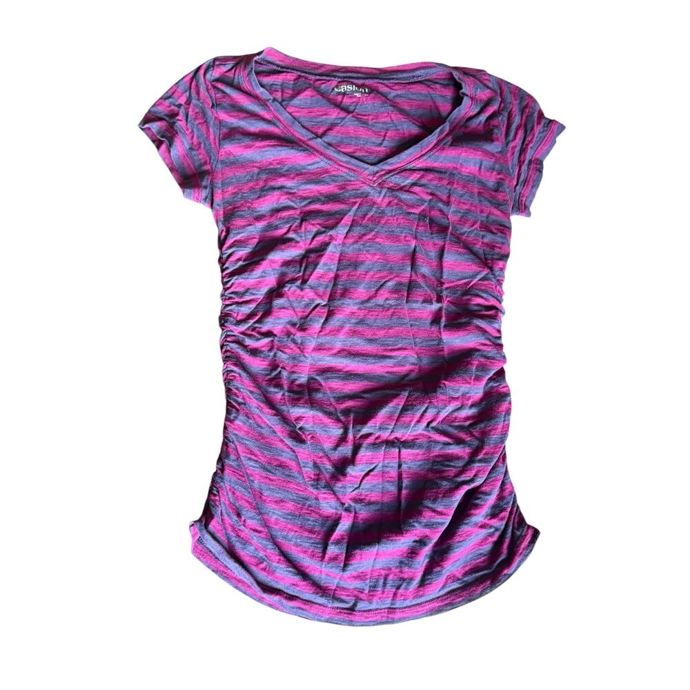 Caslon short sleeve ruched pink/blue v-neck tee - medium
